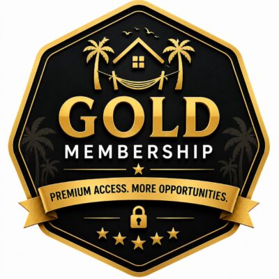 Gold Membership badge featuring a black and gold hexagonal shield design with tropical palm trees, hammock house icon, and the phrase “Premium Access. More Opportunities.”