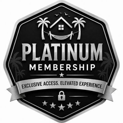 Platinum Membership badge featuring a black and platinum silver hexagonal shield design with tropical palm trees, hammock house icon, and the phrase “Exclusive Access. Elevated Experience.”