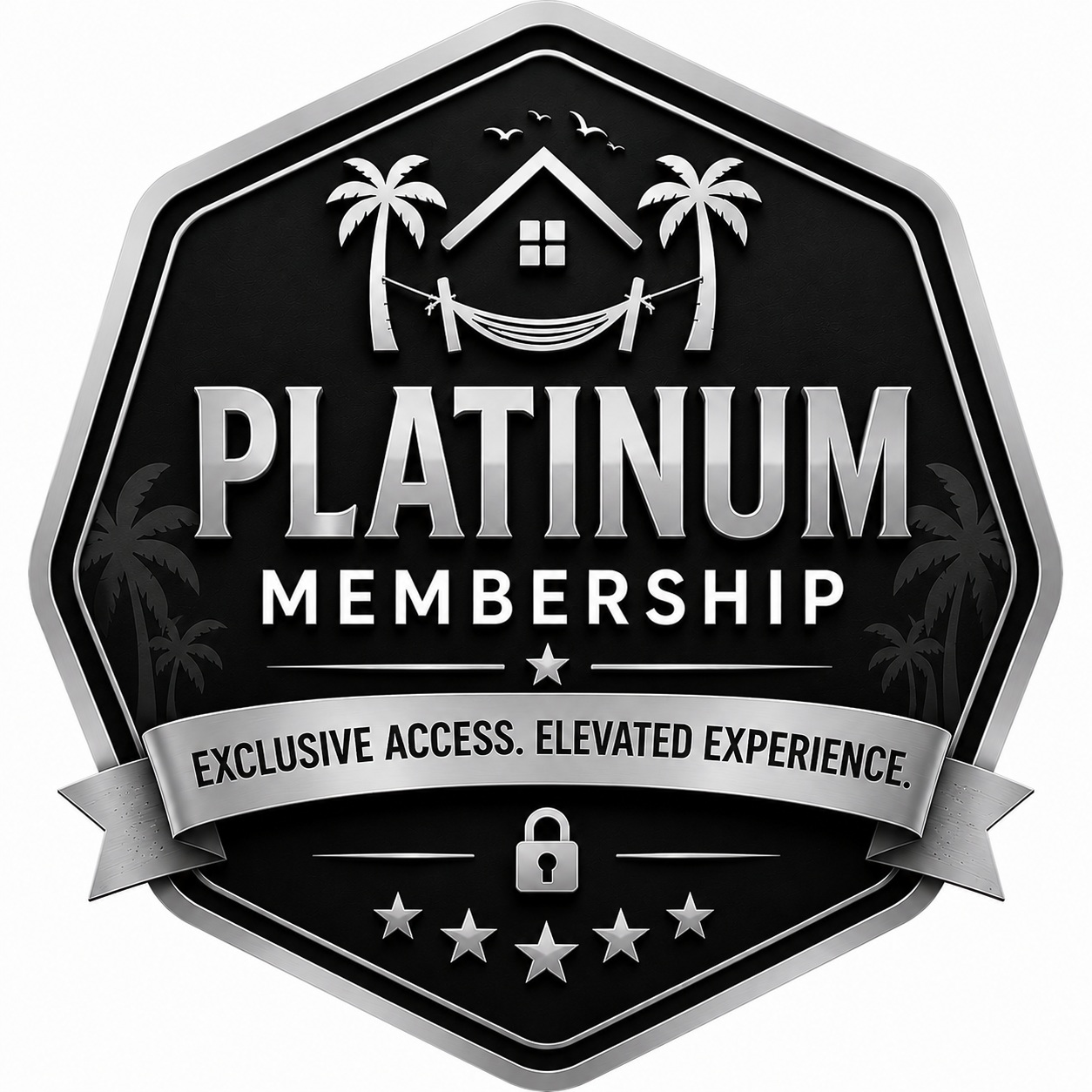 Platinum Membership badge featuring a black and platinum silver hexagonal shield design with tropical palm trees, hammock house icon, and the phrase “Exclusive Access. Elevated Experience.”
