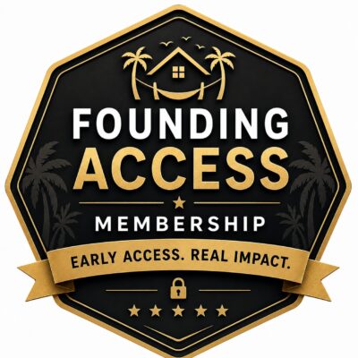 Founding Access Membership badge featuring a black and gold shield design with tropical palm trees, hammock house icon, and the phrase “Early Access. Real Impact.”