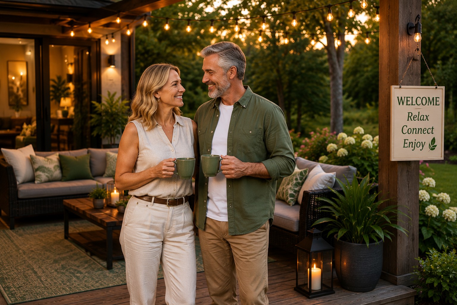 Friendly couple welcoming guests at a lifestyle-friendly vacation rental hosted through SwingHavenBnB.