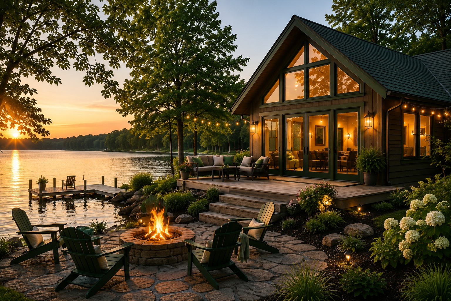 Swinger-friendly lakeside cabin rental with fire pit, private waterfront views, and outdoor gathering space.