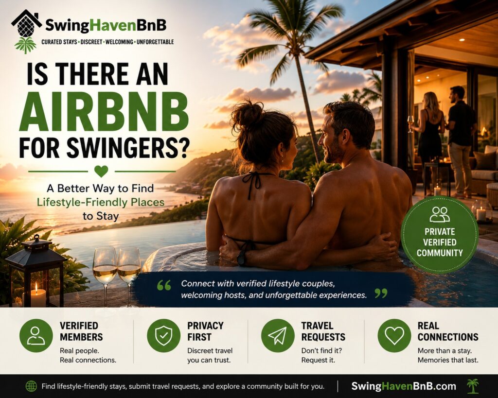 Couple relaxing at a private lifestyle-friendly vacation rental representing an Airbnb for swingers and verified lifestyle travel.