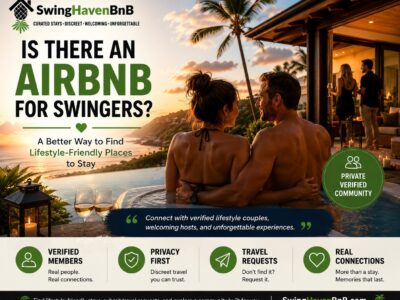 Couple relaxing at a private lifestyle-friendly vacation rental representing an Airbnb for swingers and verified lifestyle travel.