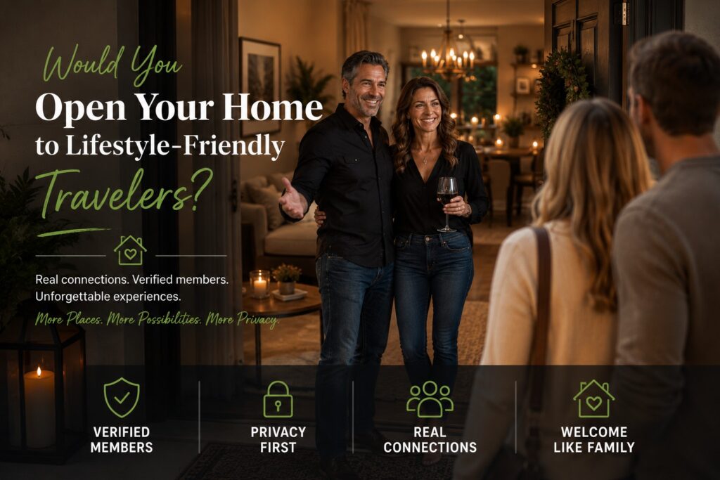 Couple welcoming verified lifestyle-friendly travelers into their home for a private weekend getaway and meaningful connections.