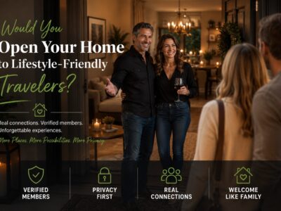 Couple welcoming verified lifestyle-friendly travelers into their home for a private weekend getaway and meaningful connections.