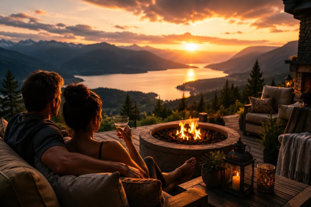 Couple relaxing by a mountain fire pit during a perfect swinger getaway at sunset.