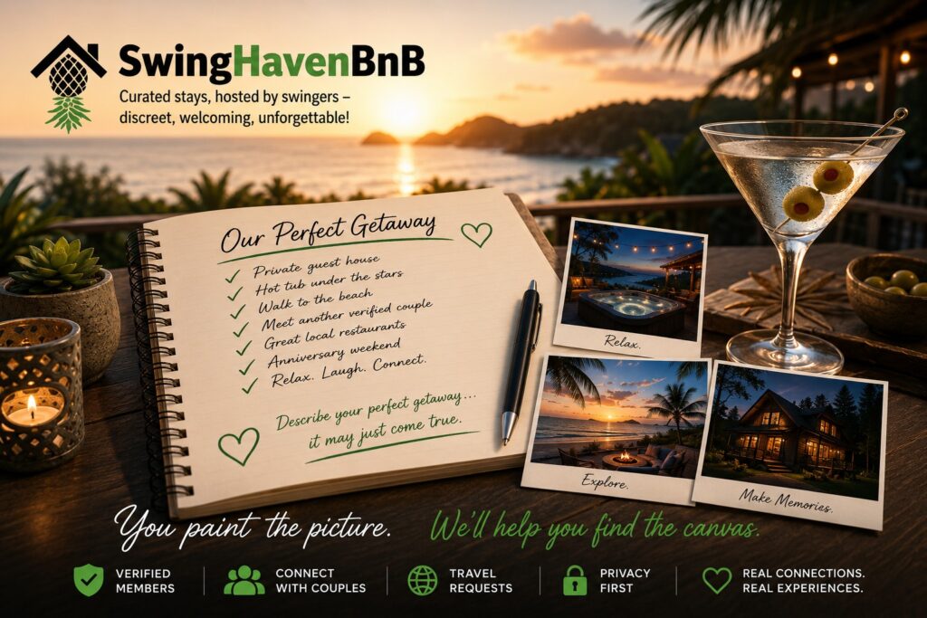 Notebook describing the perfect swinger travel getaway with a martini overlooking a tropical sunset.