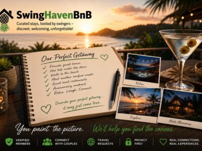 Notebook describing the perfect swinger travel getaway with a martini overlooking a tropical sunset.