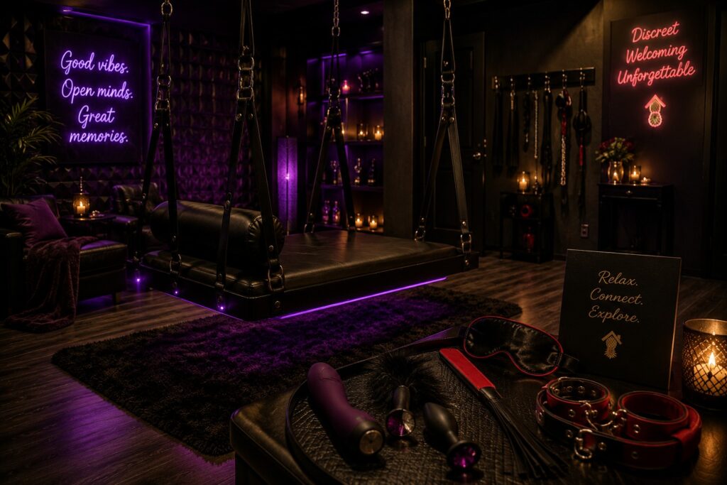 Private luxury swinger playroom with a suspended bed, ambient lighting, and intimate atmosphere.