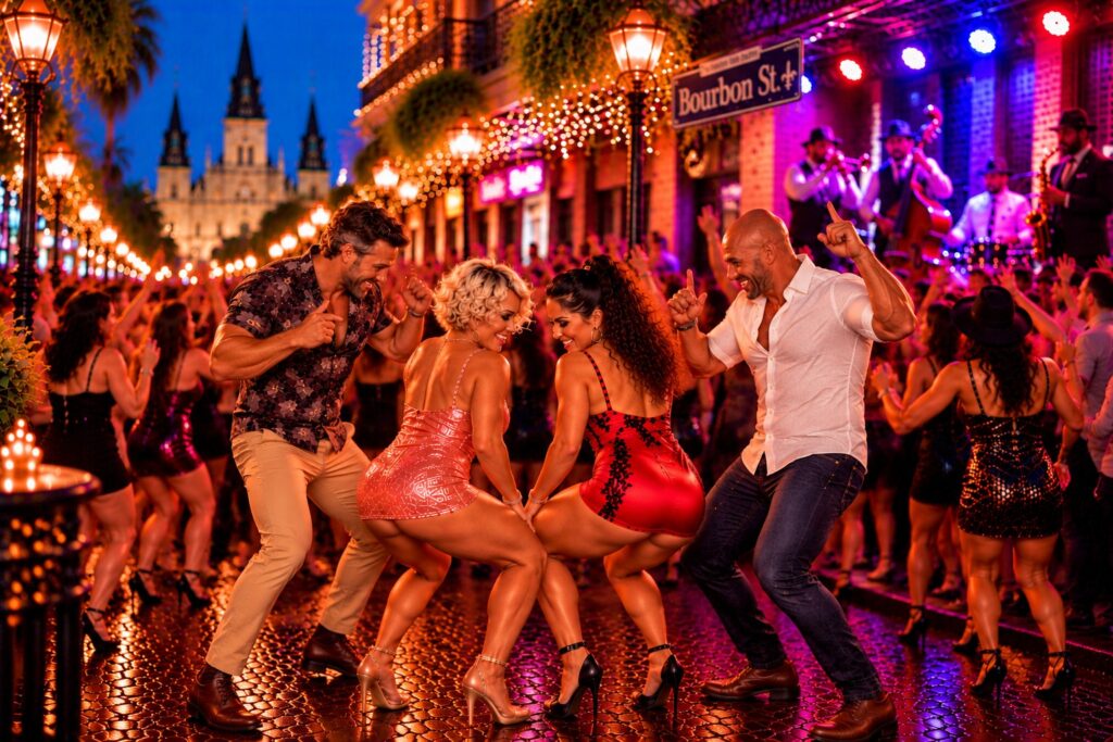Lifestyle couples dancing together on Bourbon Street during the Naughty N’Awlins convention in New Orleans